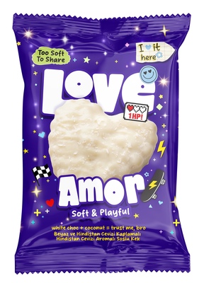 Love amor coconut 50g jemné pečivo s náplňou s kokosovou príchuťou, celomáčané v bielej cukrovej poleve