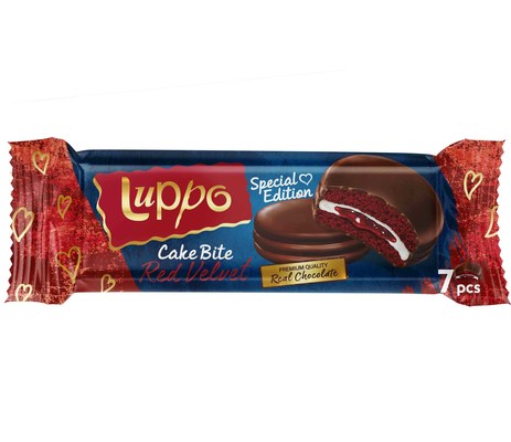 LUPPO CAKE RED VELVET 182g jemné pečivo plnené penovým želé s jahodovým krémom, celomáčané v bielej čokoláde