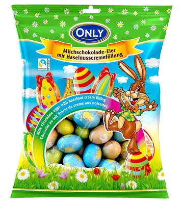 Veľkonočné vajíčka z mliečnej čokolády plnené lieskovoorieškovým krémom 400g, veľké v sáčku