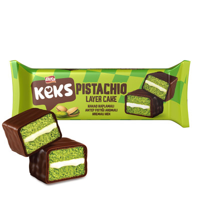 Keks pistachio layer cake 45g jemné pečivo s náplňou s pistáciovou príchuťou celomáčané v kakaovej poleve