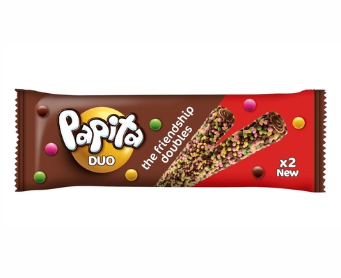 PAPITA DUO 23g trubičky celomáčané v kakaovej poleve plnené lieskovoorieškovým krémom zdobené farebným dražé z extrudovanej ryže