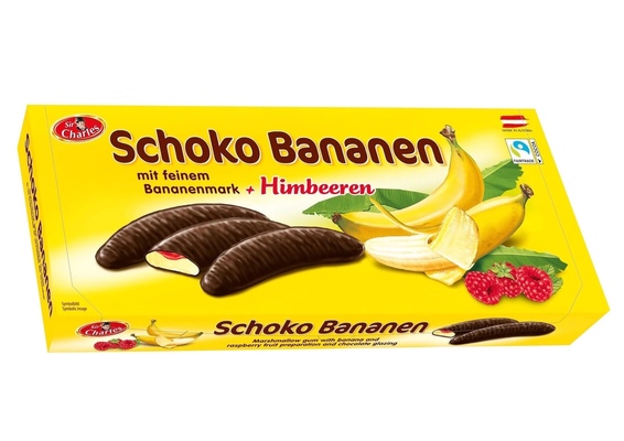 Schoko Bananen 300g, penová cukrovinka s banánovou dužinou a malinovým želé celomáčaná v čokoláde